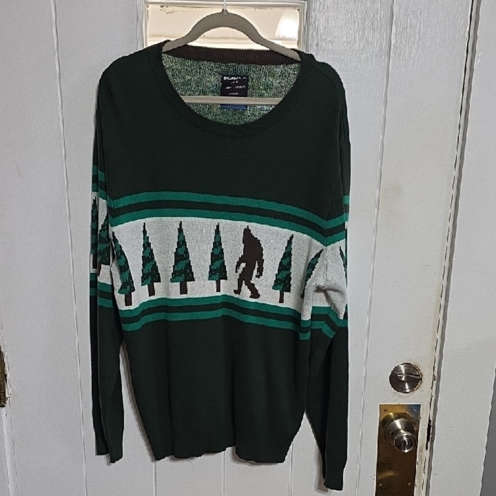 Kavu Men's Sweater Big Foot Trees Dark Green Winter Warm Sz‎ XXL EUC
